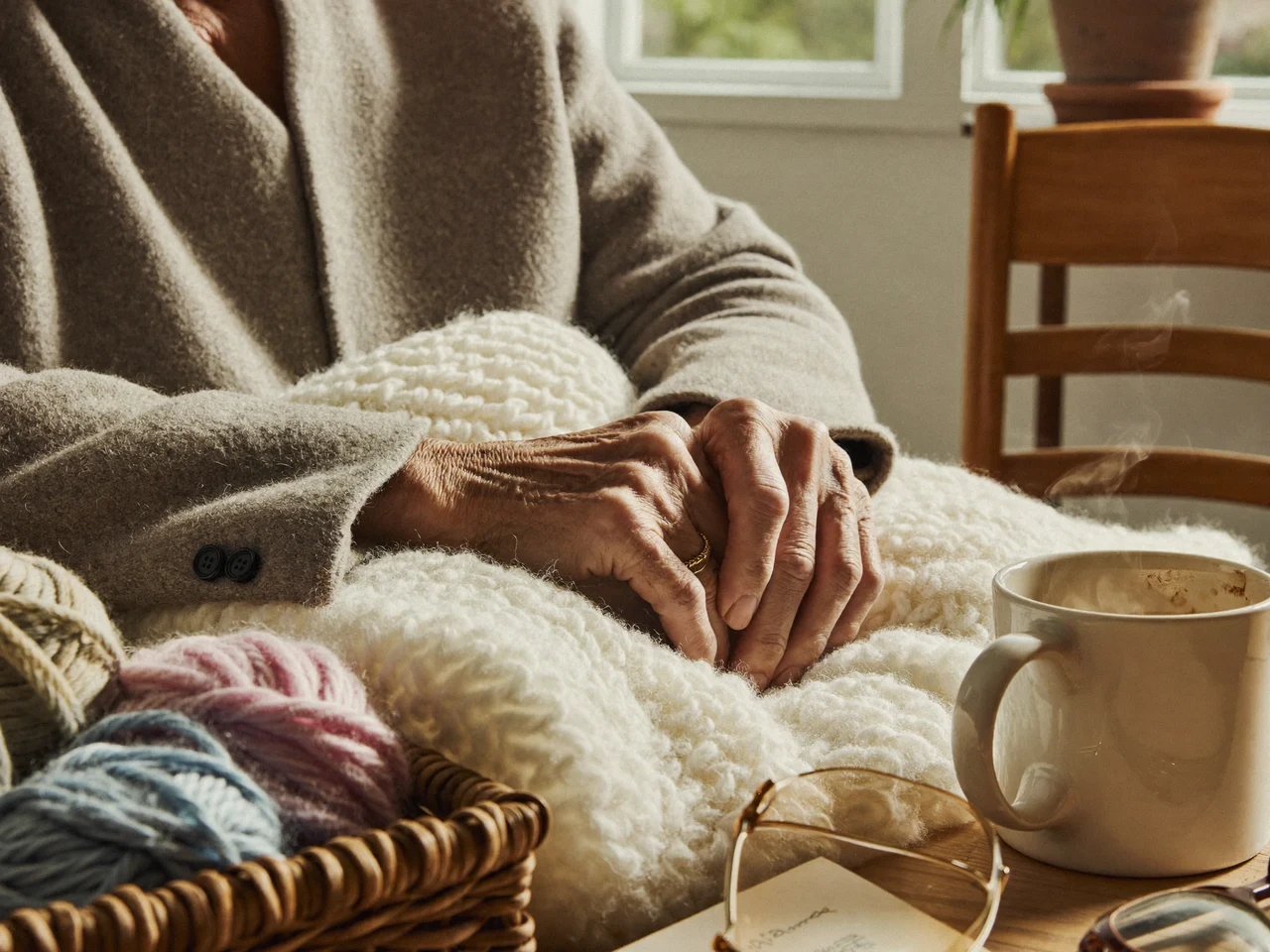 Illustrative craft corner with hands resting on a half-finished knitted blanket beside wool and tea