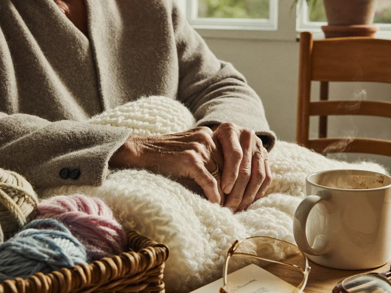 Illustrative craft corner with hands resting on a half-finished knitted blanket beside wool and tea
