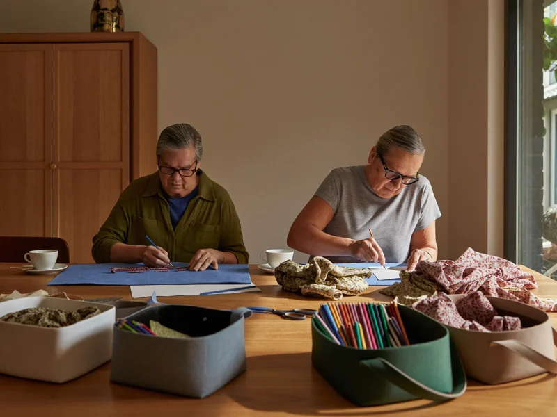Illustrative scene of two older friends crafting together at a shared community table