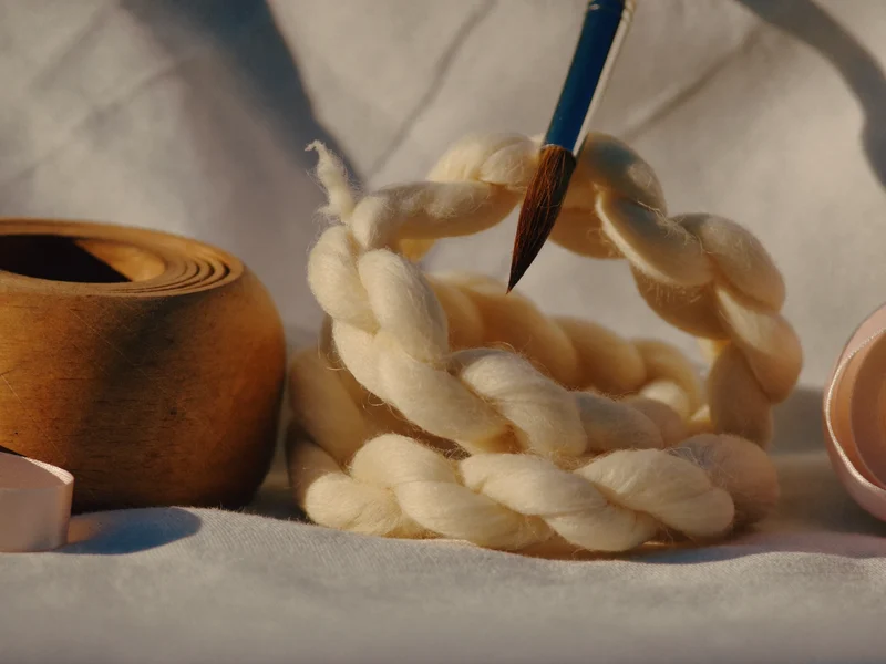 Illustrative close-up of wool fibres, brush tip, ribbon and sanded wood grain on linen